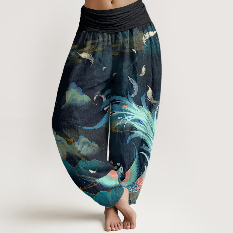 Buddha Stones Phoenix Mountain Cloud Pattern Women's Elastic Waist Harem Pants - DarkCyan - US22，UK/AU26，EU54 (6XL) - image 1