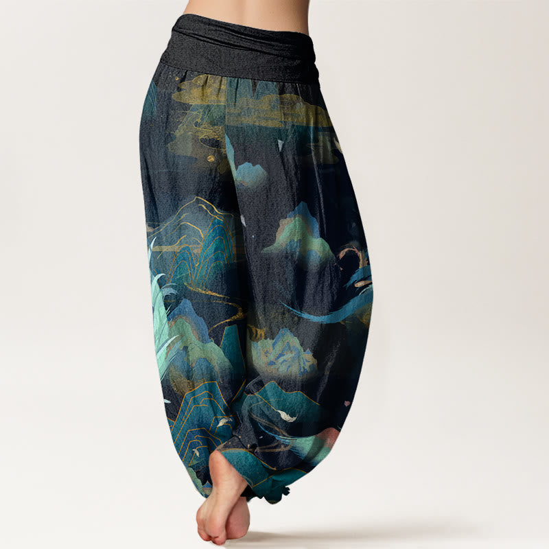 Buddha Stones Cotton Phoenix Mountain Cloud Pattern Women's Elastic Waist Harem Pants - image 1