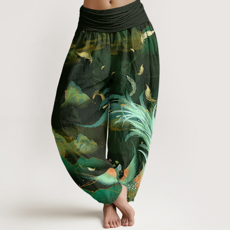 Buddha Stones Phoenix Mountain Cloud Pattern Women's Elastic Waist Harem Pants - OliveDrab - US22，UK/AU26，EU54 (6XL) - image 5