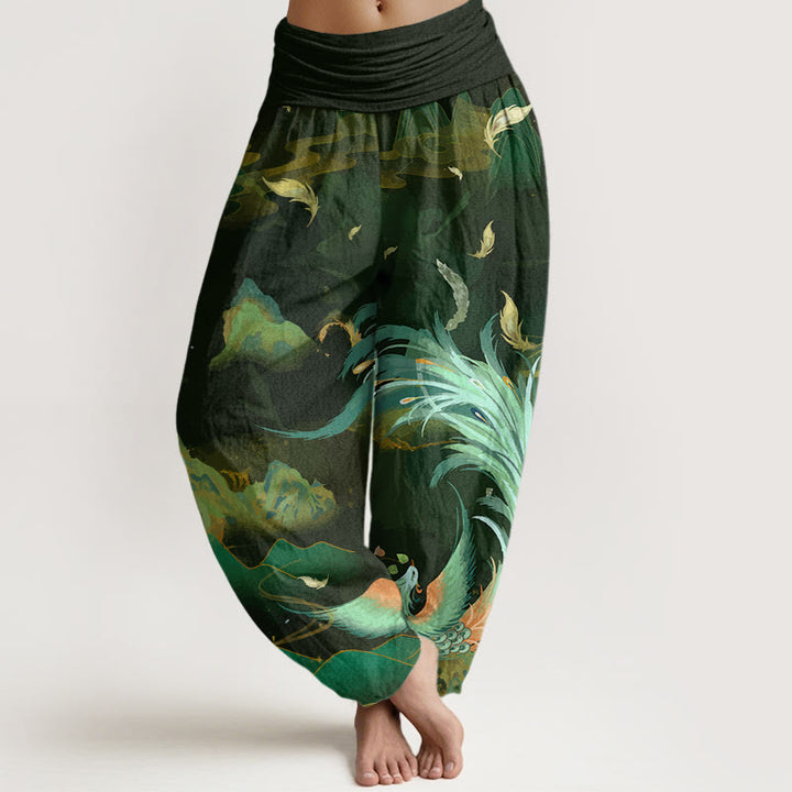 Buddha Stones Cotton Phoenix Mountain Cloud Pattern Women's Elastic Waist Harem Pants - OliveDrab - US22，UK/AU26，EU54 (6XL) - image 4