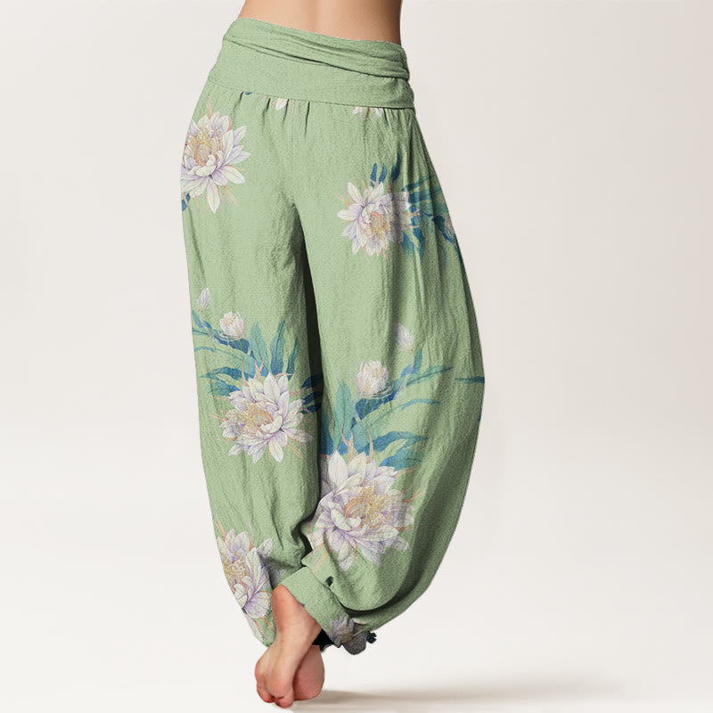Buddha Stones Epiphyllum Pattern Women's Elastic Waist Harem Pants - image 2