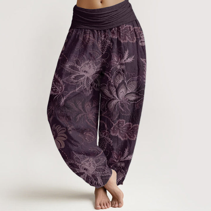 Buddha Stones Pure Cotton Casual Floral Leaves Women's Elastic Waist Harem Pants