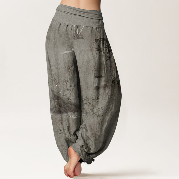 Buddha Stones Pure Cotton Casual Bamboo Rock Ink Painting Women's Elastic Waist Harem Pants - image 8