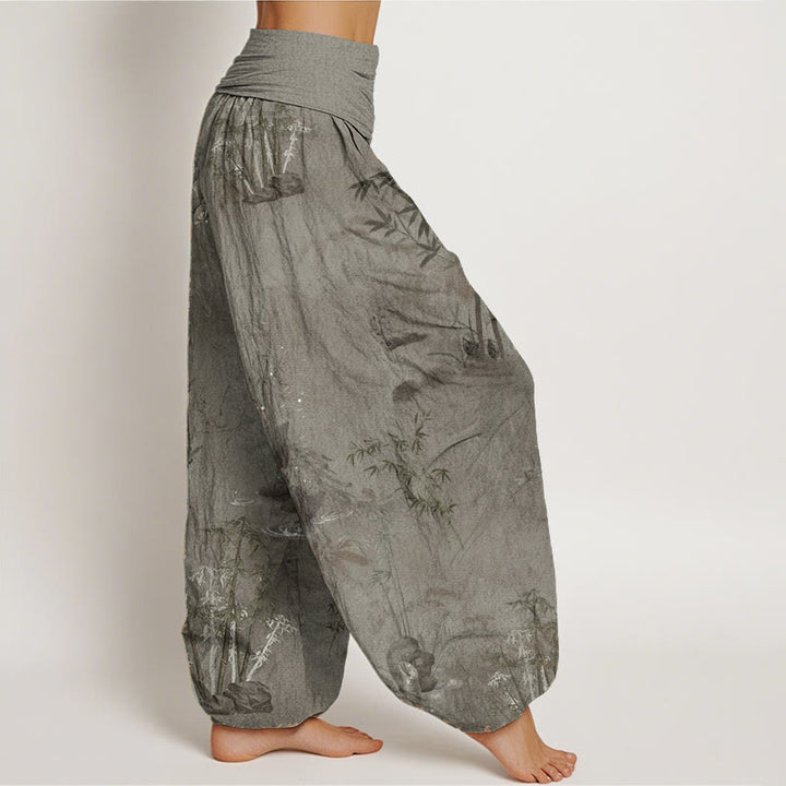 Buddha Stones Pure Cotton Casual Bamboo Rock Ink Painting Women's Elastic Waist Harem Pants - image 9