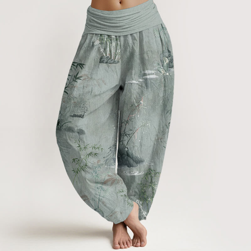 Buddha Stones Pure Cotton Casual Bamboo Rock Ink Painting Women's Elastic Waist Harem Pants - DarkSeaGreen - US22，UK/AU26，EU54 (6XL) - image 10