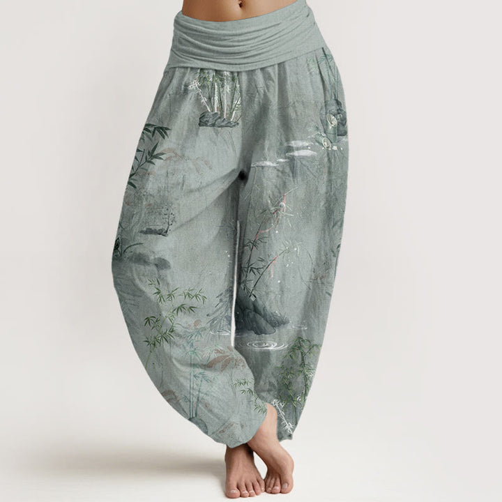 Buddha Stones Pure Cotton Casual Bamboo Rock Ink Painting Women's Elastic Waist Harem Pants - DarkSeaGreen - US22，UK/AU26，EU54 (6XL) - image 10