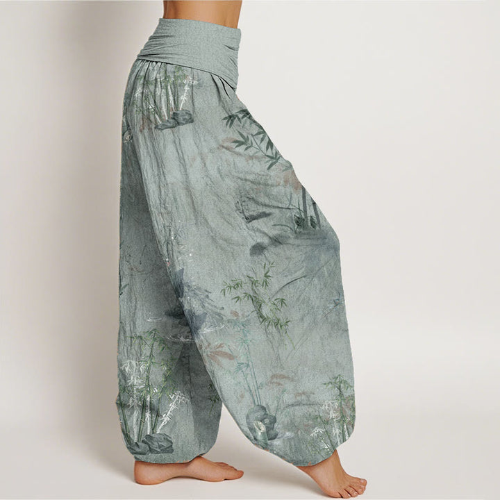 Buddha Stones Pure Cotton Casual Bamboo Rock Ink Painting Women's Elastic Waist Harem Pants - image 12