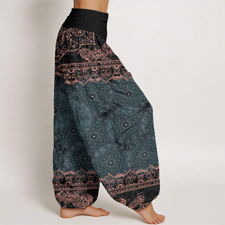 Buddha Stones Pure Cotton Elegant Mandala Flowers Design Women's Elastic Waist Harem Pants