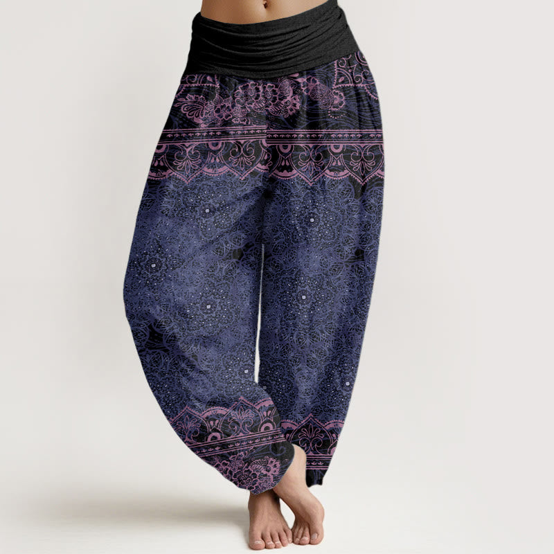 Buddha Stones Pure Cotton Elegant Mandala Flowers Design Women's Elastic Waist Harem Pants
