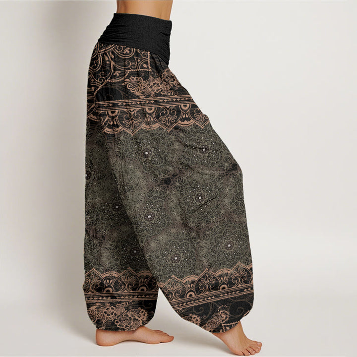 Buddha Stones Pure Cotton Elegant Mandala Flowers Design Women's Elastic Waist Harem Pants