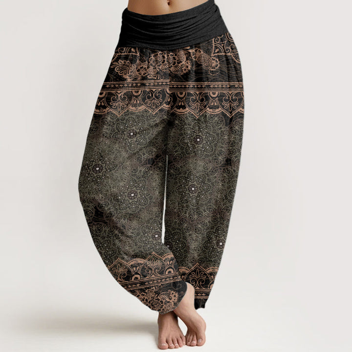 Buddha Stones Pure Cotton Elegant Mandala Flowers Design Women's Elastic Waist Harem Pants