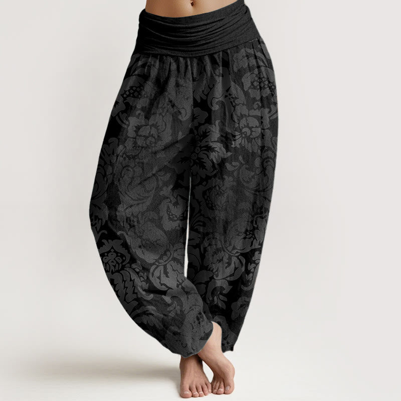 Buddha Stones Pure Cotton Casual Flower Leaves Design Women's Elastic Waist Harem Pants
