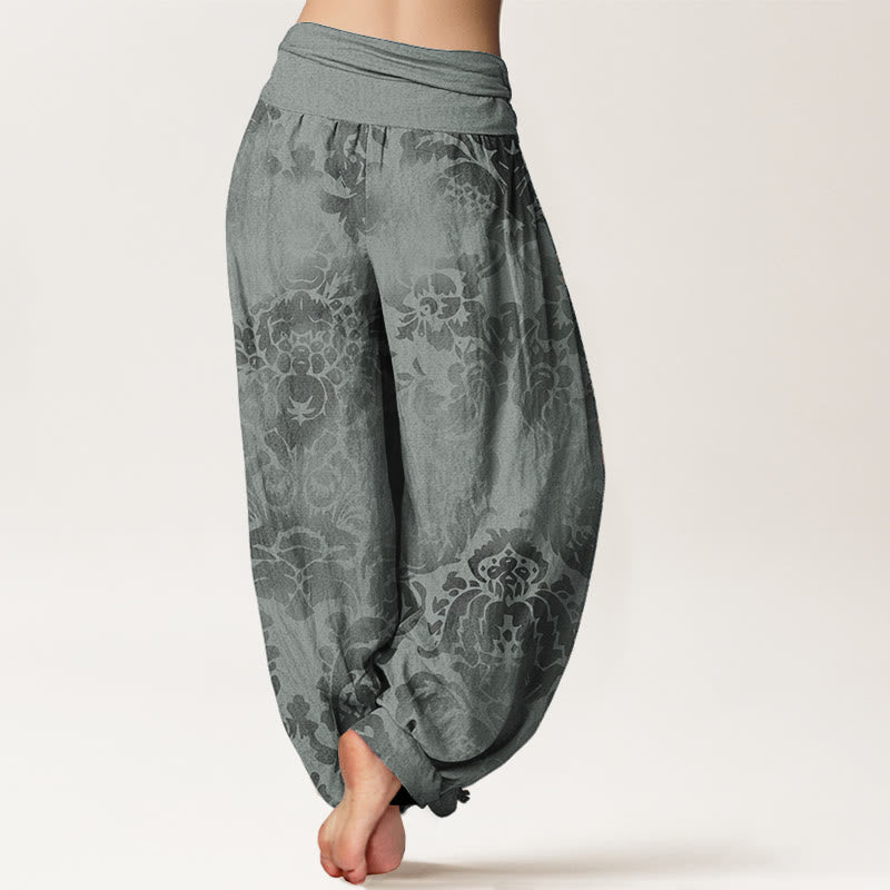 Buddha Stones Pure Cotton Casual Flower Leaves Design Women's Elastic Waist Harem Pants