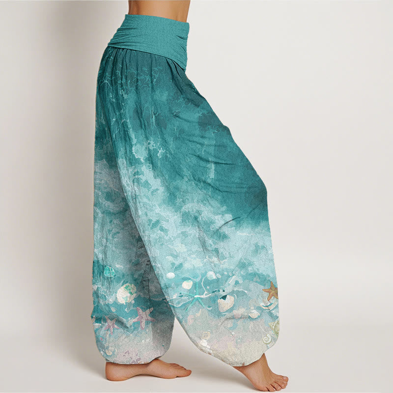 Buddha Stones Pure Cotton Vast Ocean Pattern Women's Elastic Waist Harem Pants