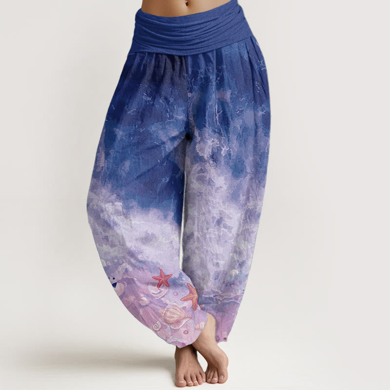 Buddha Stones Pure Cotton Vast Ocean Pattern Women's Elastic Waist Harem Pants