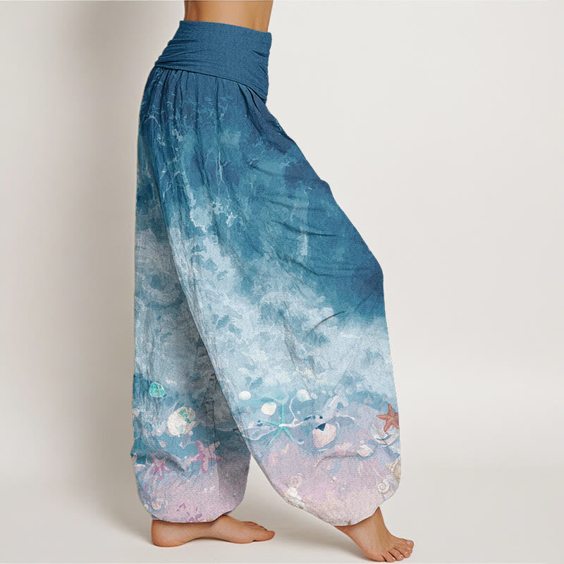 Buddha Stones Pure Cotton Vast Ocean Pattern Women's Elastic Waist Harem Pants - image 8