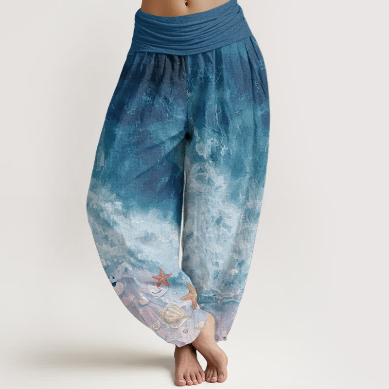 Buddha Stones Pure Cotton Vast Ocean Pattern Women's Elastic Waist Harem Pants