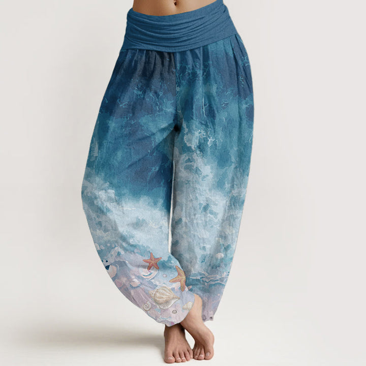 Buddha Stones Pure Cotton Vast Ocean Pattern Women's Elastic Waist Harem Pants