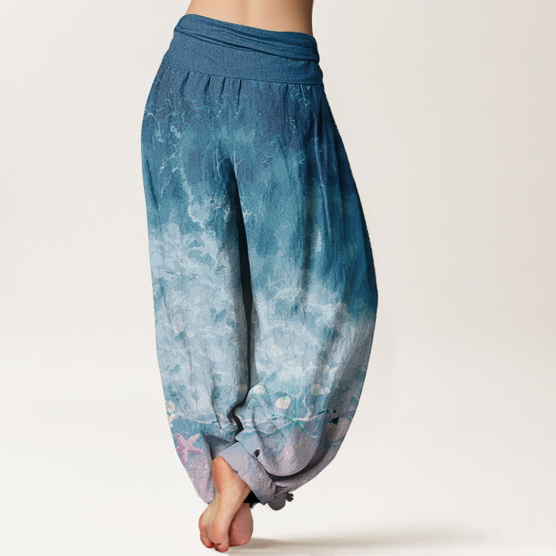 Buddha Stones Pure Cotton Vast Ocean Pattern Women's Elastic Waist Harem Pants - image 7