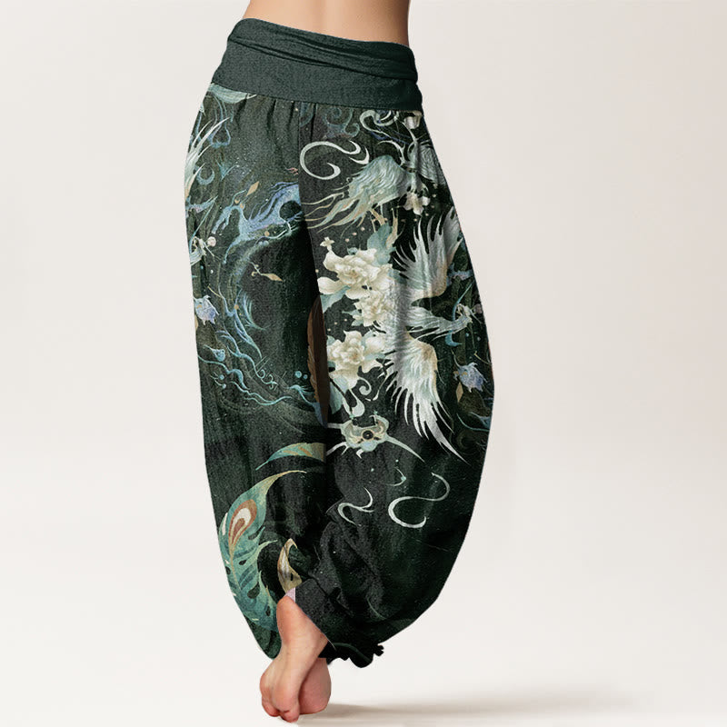 Buddha Stones Pure Cotton Phoenix Flower Pattern Women's Elastic Waist Harem Pants