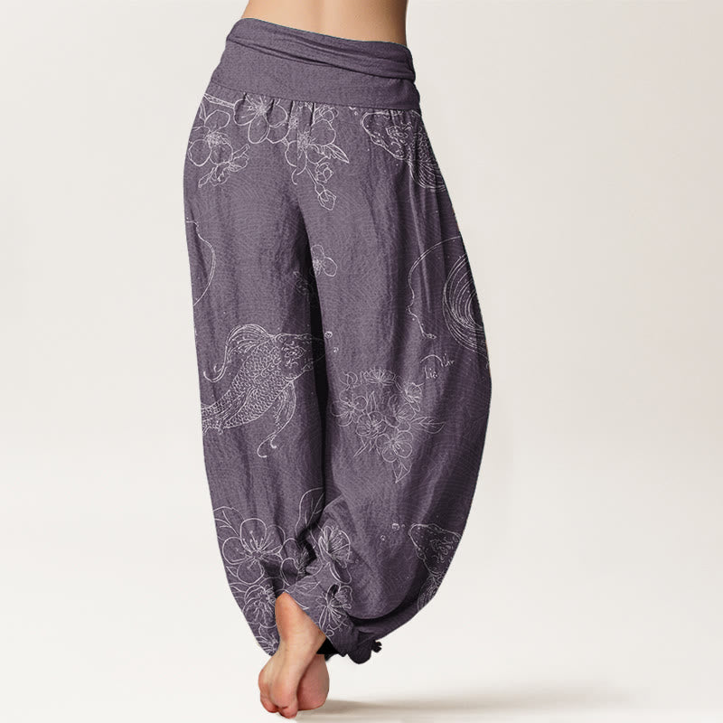 Buddha Stones Pure Cotton Koi Fish Floral Pattern Women's Elastic Waist Harem Pants - image 6