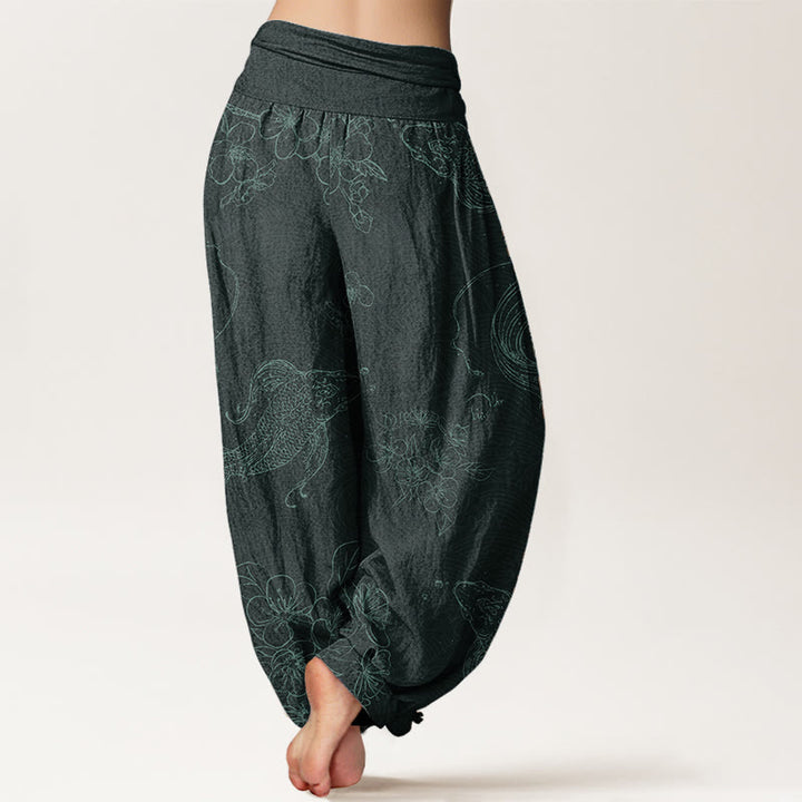 Buddha Stones Pure Cotton Koi Fish Floral Pattern Women's Elastic Waist Harem Pants