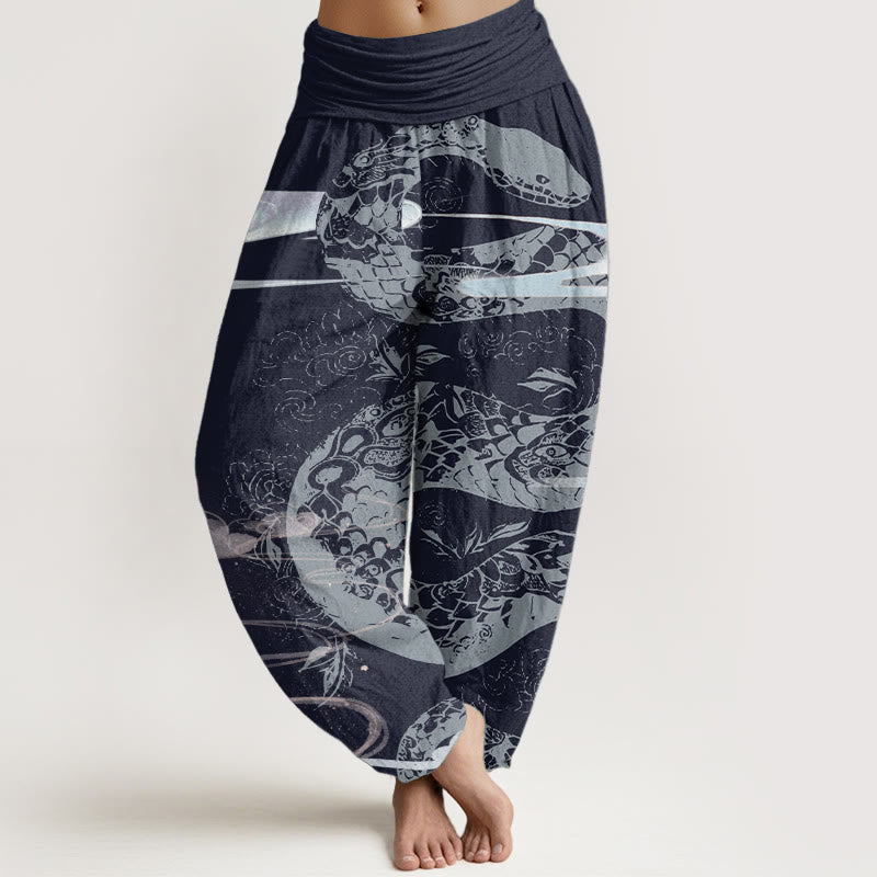 Buddha Stones Pure Cotton Auspicious Clouds With Snake Pattern Women's Elastic Waist Harem Pants
