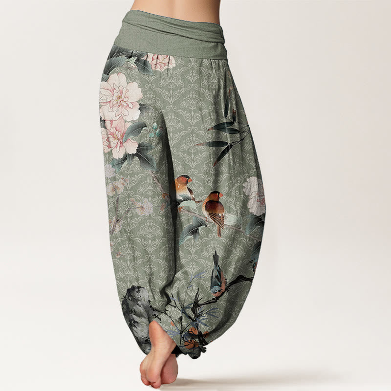Buddha Stones Pure Cotton Warbler Bird Blooming Flower Branches Mandala Pattern Women's Elastic Waist Harem Pants