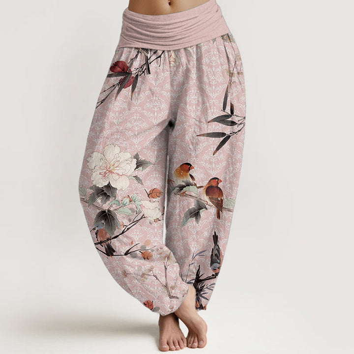 Buddha Stones Pure Cotton Warbler Bird Blooming Flower Branches Mandala Pattern Women's Elastic Waist Harem Pants