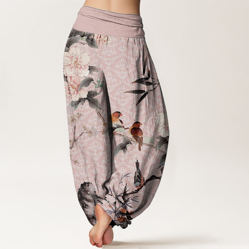 Buddha Stones Pure Cotton Warbler Bird Blooming Flower Branches Mandala Pattern Women's Elastic Waist Harem Pants