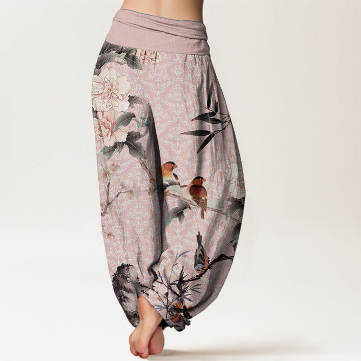 Buddha Stones Pure Cotton Warbler Bird Blooming Flower Branches Mandala Pattern Women's Elastic Waist Harem Pants