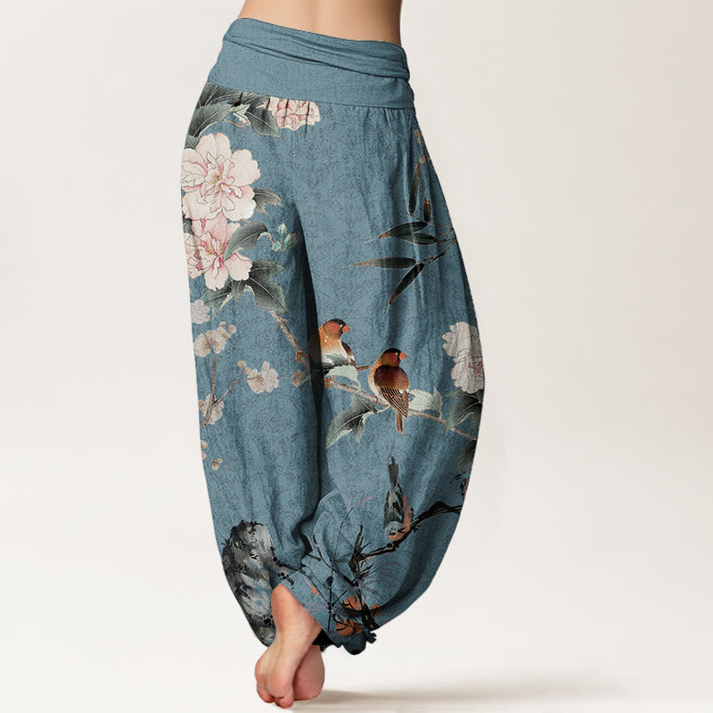 Buddha Stones Pure Cotton Warbler Bird Blooming Flower Branches Mandala Pattern Women's Elastic Waist Harem Pants