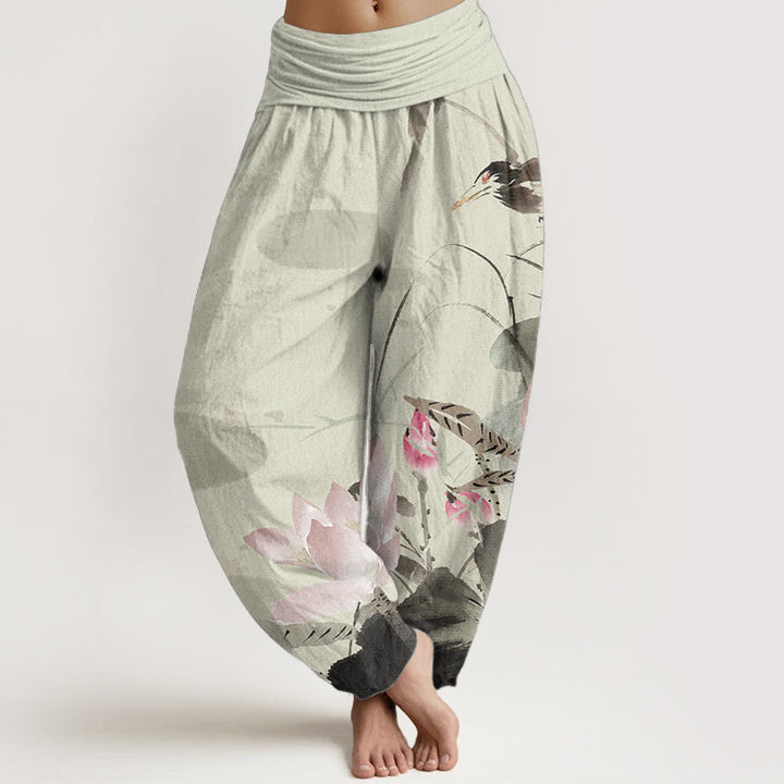 Buddha Stones Pure Cotton Pink Lotus Leaves Bird Pattern Women's Elastic Waist Harem Pants