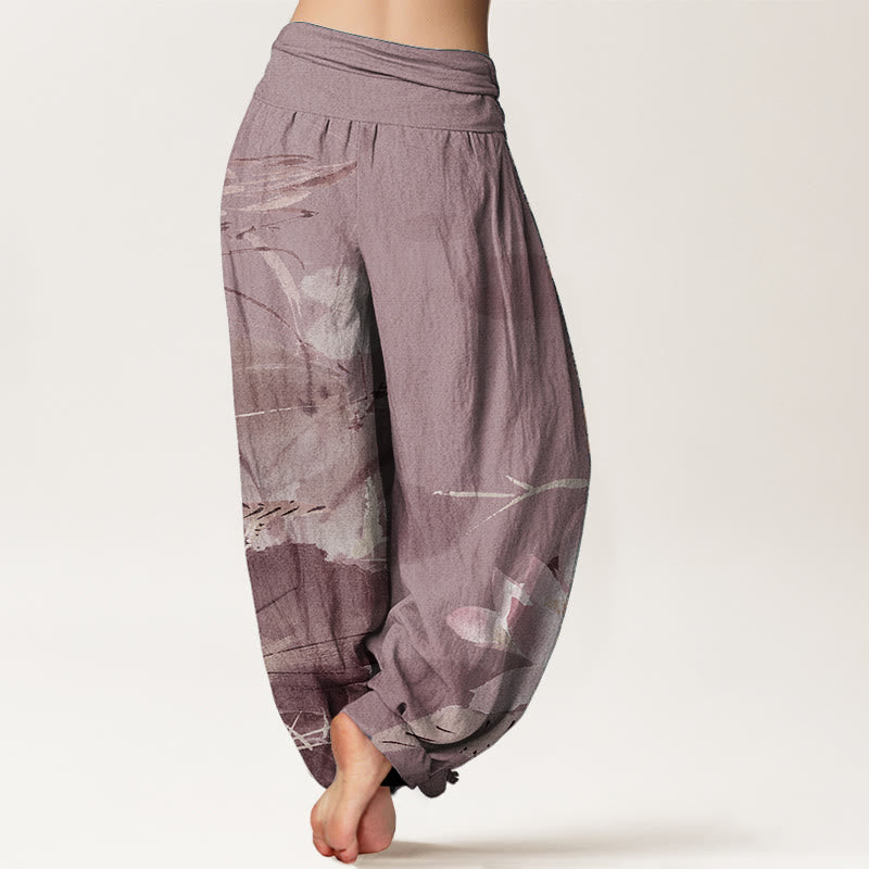 Buddha Stones Pure Cotton Pink Lotus Leaves Bird Pattern Women's Elastic Waist Harem Pants