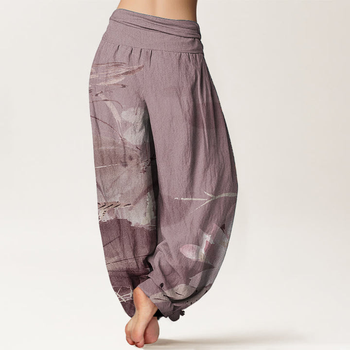 Buddha Stones Pure Cotton Pink Lotus Leaves Bird Pattern Women's Elastic Waist Harem Pants