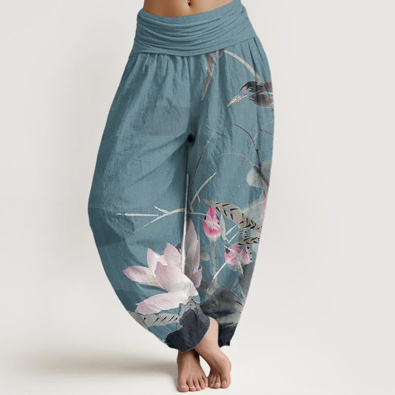 Buddha Stones Pure Cotton Pink Lotus Leaves Bird Pattern Women's Elastic Waist Harem Pants