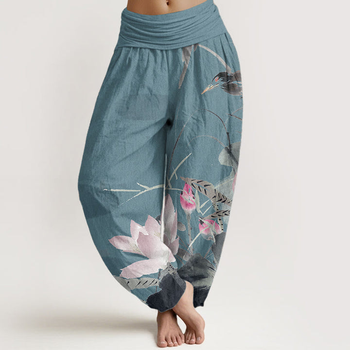 Buddha Stones Pure Cotton Pink Lotus Leaves Bird Pattern Women's Elastic Waist Harem Pants
