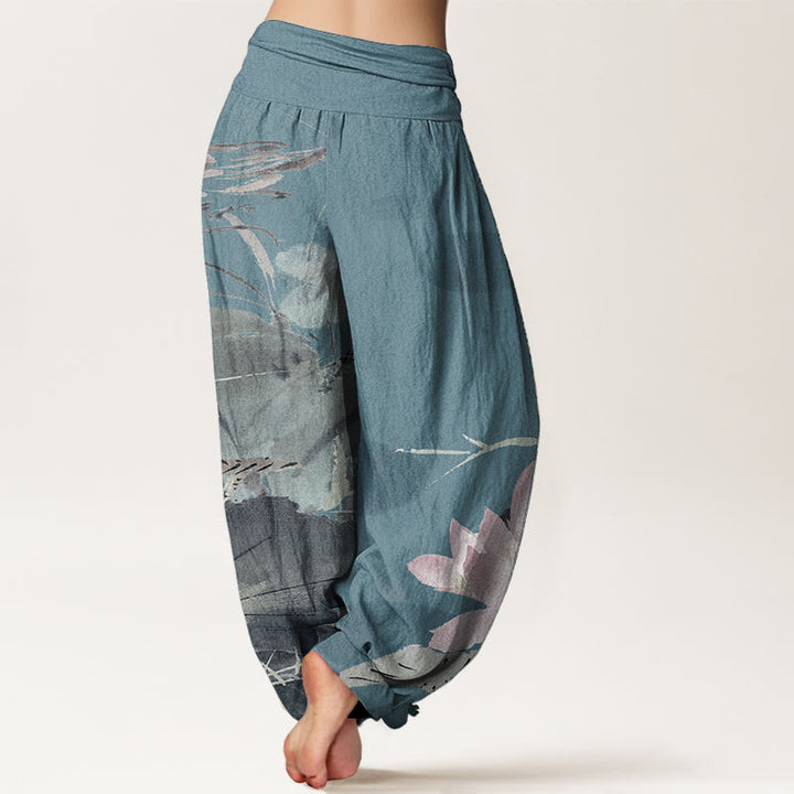 Buddha Stones Pure Cotton Pink Lotus Leaves Bird Pattern Women's Elastic Waist Harem Pants