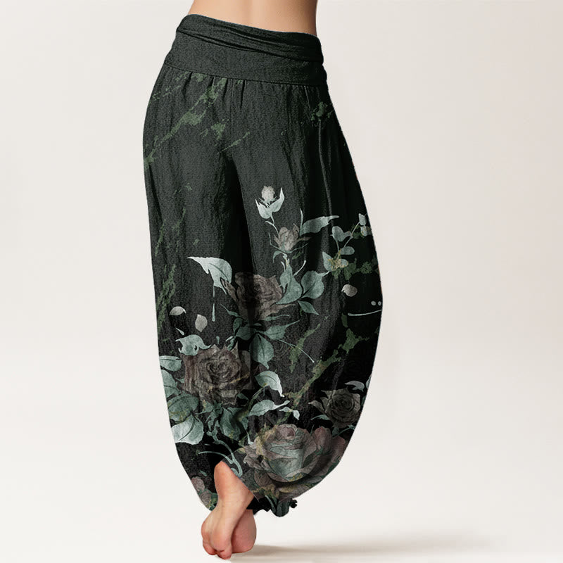 Buddha Stones Pure Cotton Blooming Roses Pattern Women's Elastic Waist Harem Pants