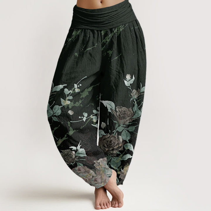 Buddha Stones Pure Cotton Blooming Roses Pattern Women's Elastic Waist Harem Pants