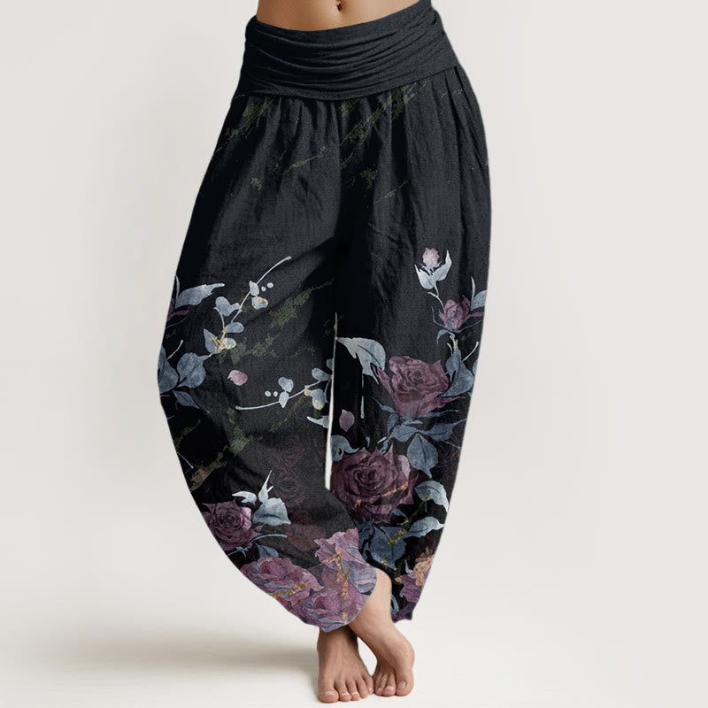 Buddha Stones Pure Cotton Blooming Roses Pattern Women's Elastic Waist Harem Pants
