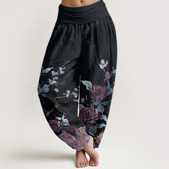 Buddha Stones Pure Cotton Blooming Roses Pattern Women's Elastic Waist Harem Pants