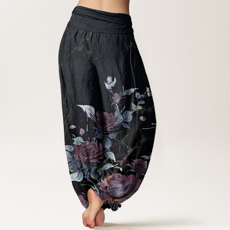 Buddha Stones Pure Cotton Blooming Roses Pattern Women's Elastic Waist Harem Pants - image 6