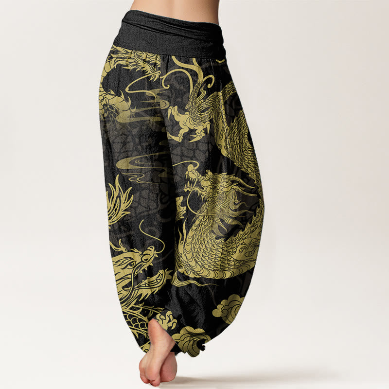 Buddha Stones Pure Cotton Dragon Auspicious Clouds Women's Elastic Waist Harem Pants