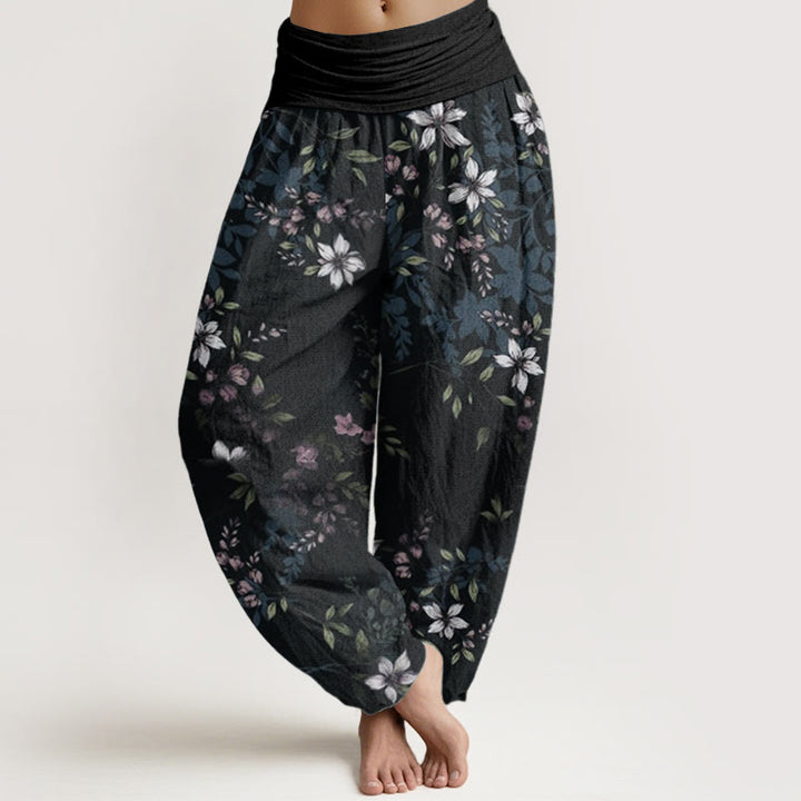 Buddha Stones Pure Cotton Small White Blossoms Green Leaves Women's Elastic Waist Harem Pants - Black - US22，UK/AU26，EU54 (6XL) - image 0