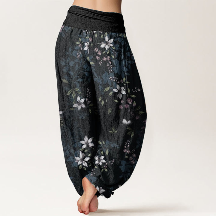 Buddha Stones Pure Cotton Small White Blossoms Green Leaves Women's Elastic Waist Harem Pants - image 1