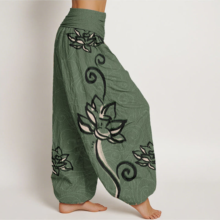 Buddha Stones Pure Cotton Casual Lotus Auspicious Clouds Design Women's Elastic Waist Harem Pants