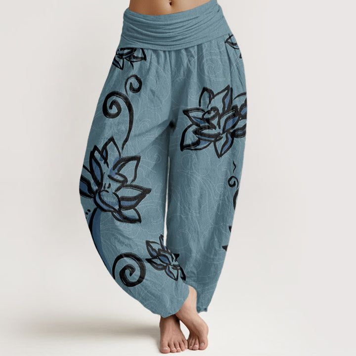 Buddha Stones Pure Cotton Casual Lotus Auspicious Clouds Design Women's Elastic Waist Harem Pants