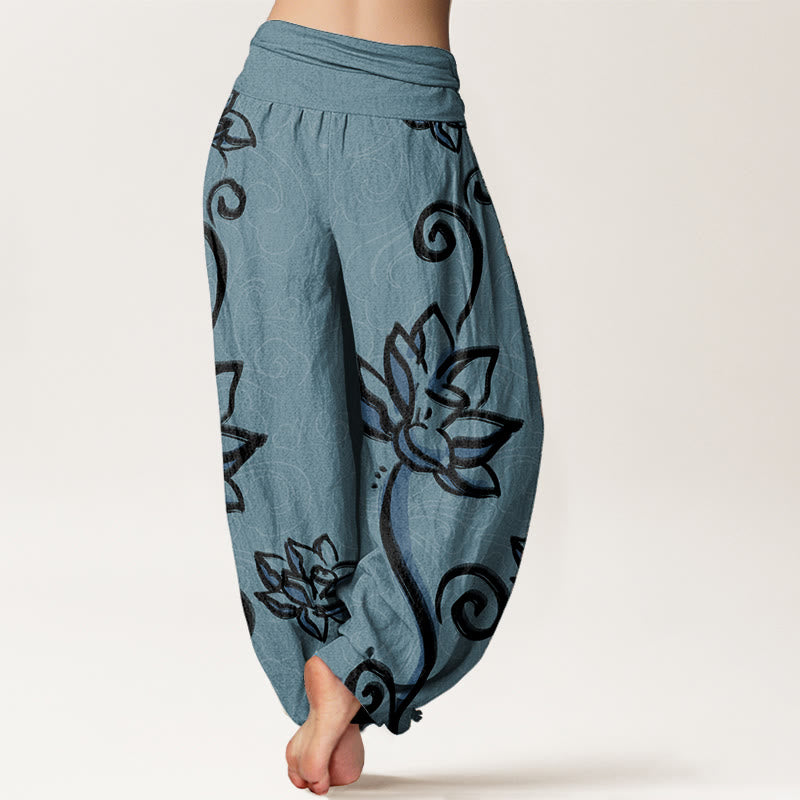 Buddha Stones Pure Cotton Casual Lotus Auspicious Clouds Design Women's Elastic Waist Harem Pants