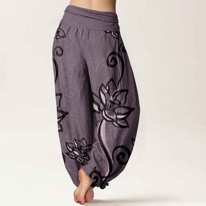 Buddha Stones Pure Cotton Casual Lotus Auspicious Clouds Design Women's Elastic Waist Harem Pants